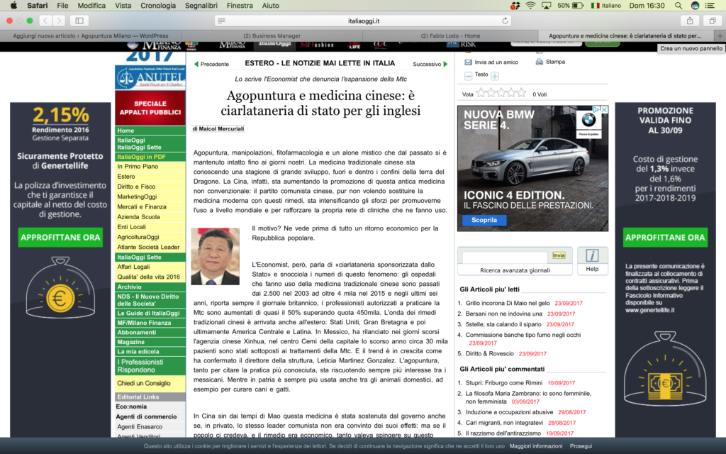 schermata del sito web con il titolo di agopuntura ciarlataneria di stato